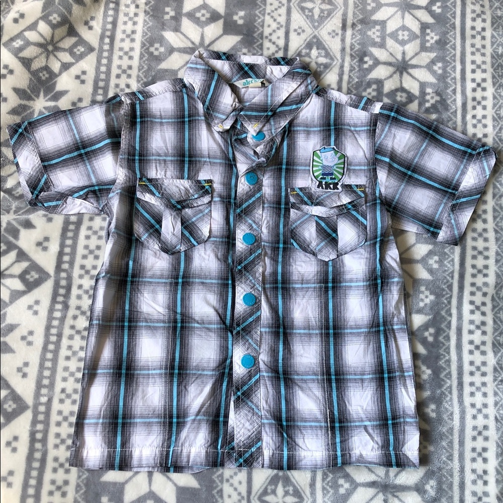 Kids Short-Sleeve Plaid Shirt in White & Teal